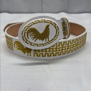 YAC White and Gold Leather and Silk Rooster Design Western Cowboy Belt Size 38